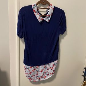 Elle blue floral collared t shirt